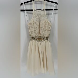 B.Darlin Women's Cut Out Sequins Beaded Lace Layered  Mini Dress